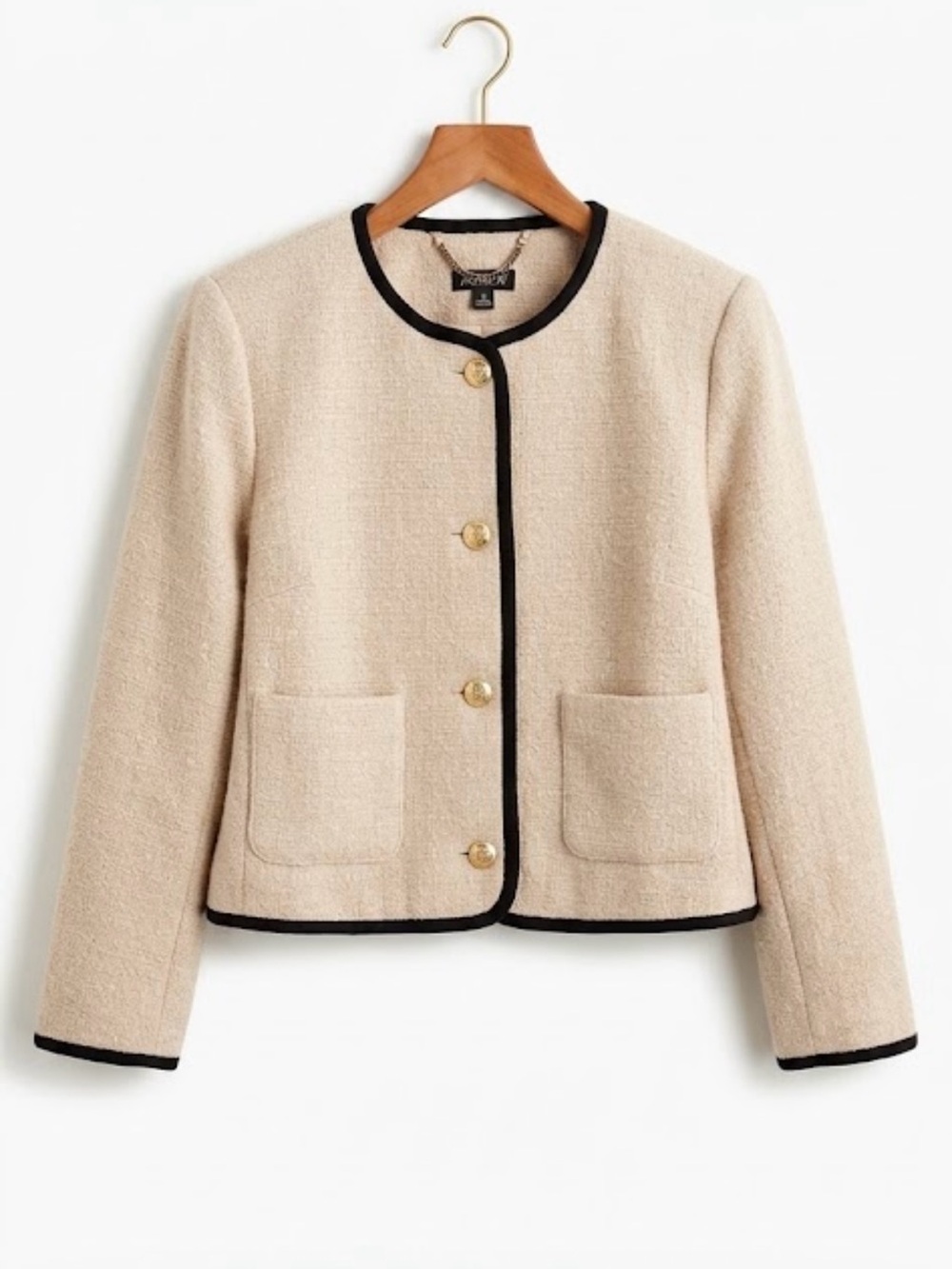 J.Crew Tweed Wool Blend Cropped Jacket Blazer Beige GoldButton with Leather trim